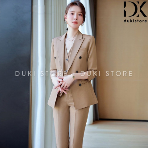 Bộ vest nữ công sở 6 cúc màu nâu đột viền cao cấp DKX0132