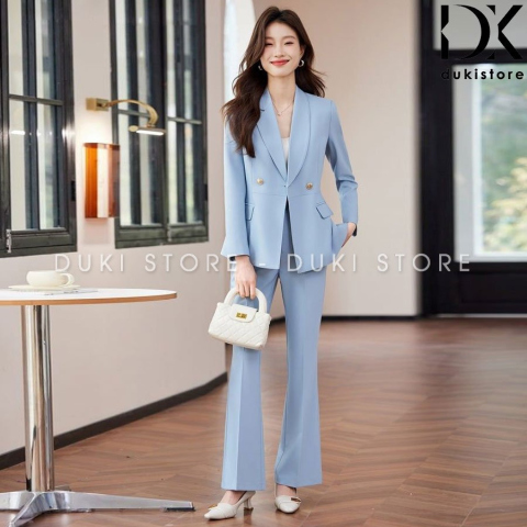 Bộ vest nữ 2 cúc ngang màu xanh dương ống loe đột viền cao cấp DKX0145