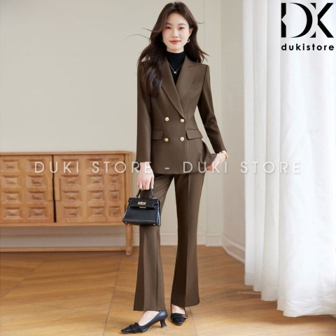 Bộ vest nữ 4 cúc màu nâu ống loe đột viền cao cấp DKX0152
