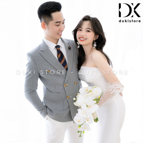 Bộ áo vest nam chú rể áo vest cưới màu ghi sáng sọc kẻ DKR0028 