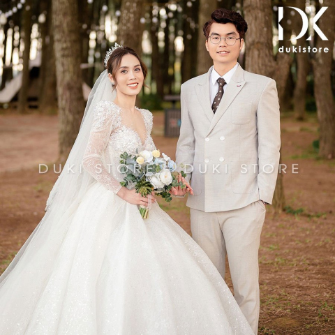 Bộ vest nam chú rể áo vest cưới màu ghi sáng 4 cúc đột viền sang trọng DKR0043