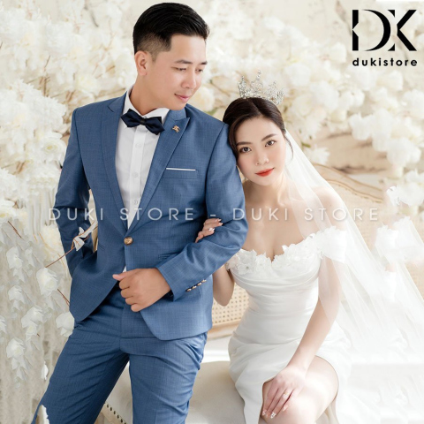 Bộ áo vest nam chú rể áo vest cưới màu xanh xước đậm DKR0035