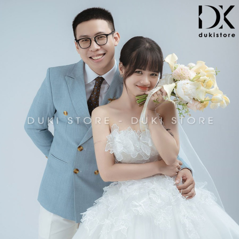 Bộ áo vest nam chú rể áo vest cưới màu xanh dương cao cấp DKR0030