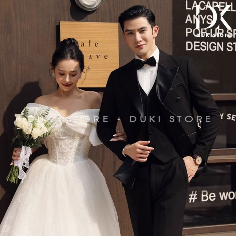 Bộ Áo Vest Nam Áo Vest Cưới Chú Rể Màu Đen Ve Phi DKR0052