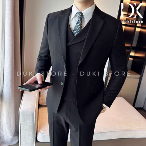 Bộ vest nam 2 cúc màu đen đột viền cao cấp DKB0061