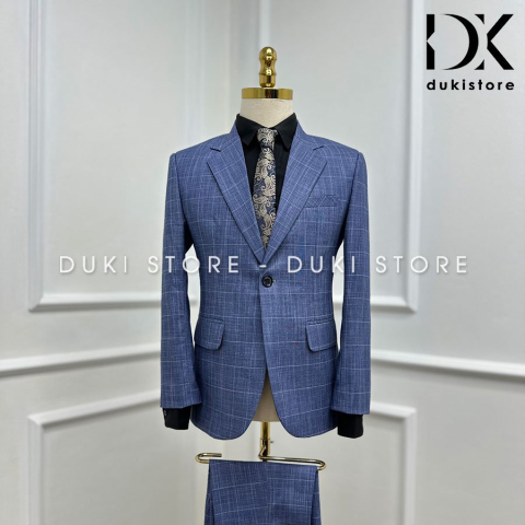 Bộ vest nam 1 cúc kẻ caro màu xanh dương thanh lịch DKA0157 - DUKI STORE