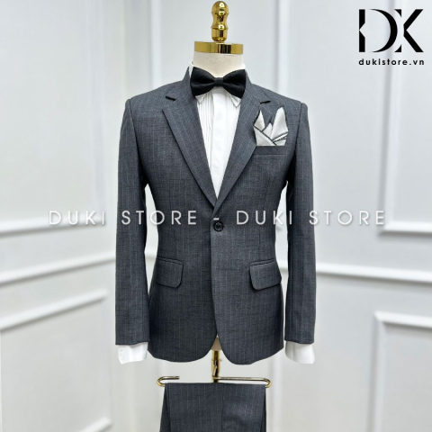 Bộ vest nam 1 cúc màu xám sọc kẻ thanh lịch DKA0160