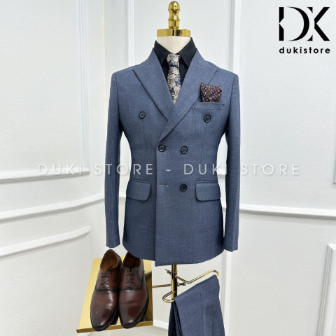 Bộ vest nam 6 cúc màu caro xám xanh thanh lịch DKE0105 - DUKI STORE