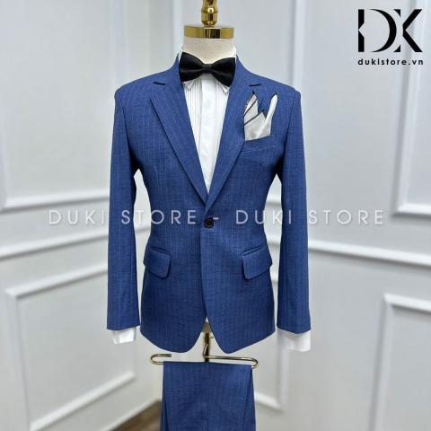 Bộ vest nam 1 cúc sọc kẻ màu xanh dương DKA0159