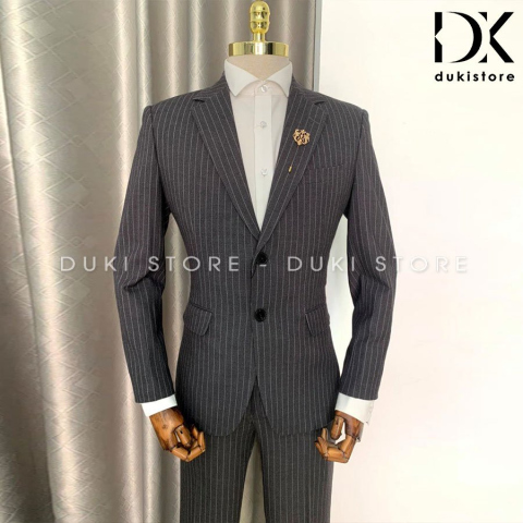 Bộ vest nam Hàn Quốc 2 cúc sọc kẻ xám đẹp DKB0011