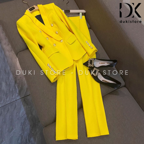 Bộ vest nữ 6 cúc Hàn Quốc ống xuông màu vàng cao cấp DKX0036