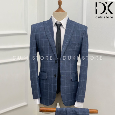 Bộ vest nam 2 cúc kẻ caro xanh dương thanh lịch DKB0022 