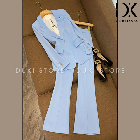 Bộ vest nữ 1 cúc Hàn Quốc ống loe màu xanh dương nhạt cao cấp DKU0055