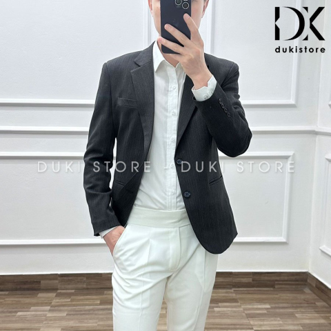 Áo vest nam, áo blazer nam 2 cúc Hàn Quốc kẻ sọc màu xám đậm lịch lãm ADK0010 