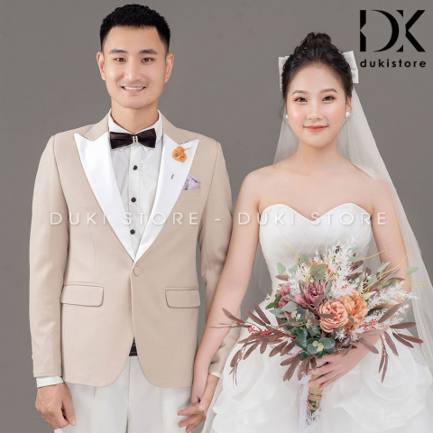 Bộ áo vest nam chú rể áo vest cưới màu kem ve trắng lịch lãm DKR0038