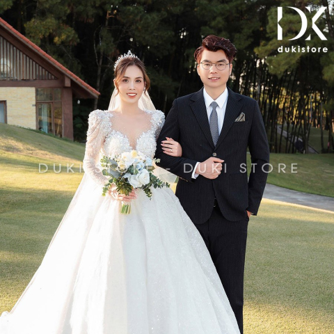 Bộ vest nam chú rể áo vest cưới màu đen sọc kẻ DKR0042