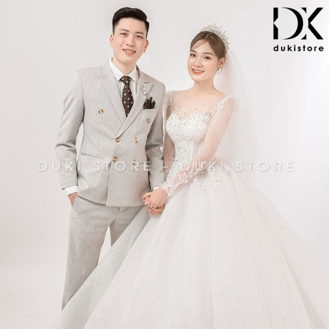 Bộ áo vest nam chú rể áo vest cưới màu ghi xước cao cấp DKR0029