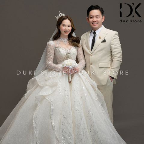 Bộ áo vest nam chú rể áo vest cưới màu kem xước đột chỉ cao cấp DKR0034 