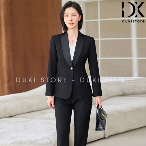 Bộ vest nữ Hàn Quốc màu đen công sở ve phi cao cấp DKU0106